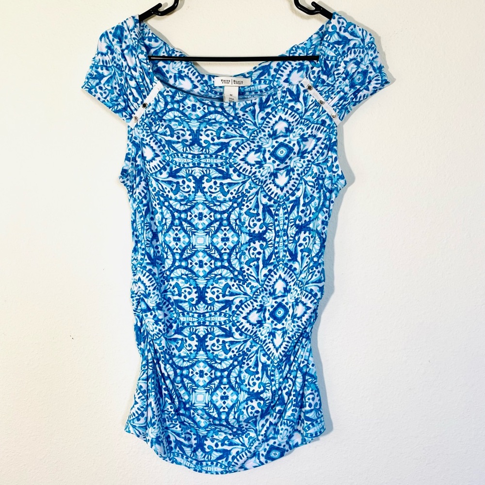 White House Black Market Off Shoulder Blue Print Top Blouse Stretch Side Ruched